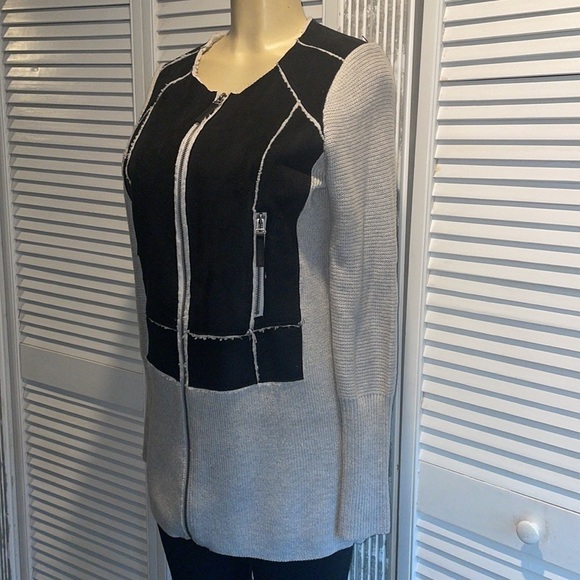 I.N.C International concepts Black suede in Grey knit zip up sweater. Size Large - Picture 3 of 6